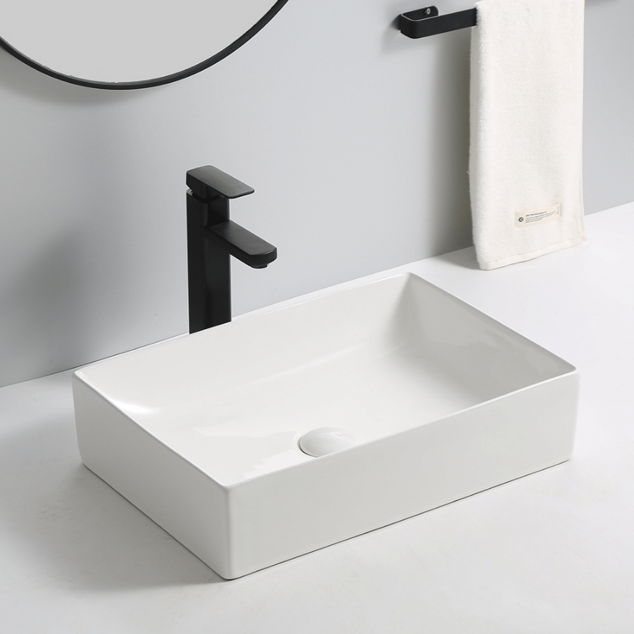 Vanity Basin - Rectangle - Glossy White - Spigot & More