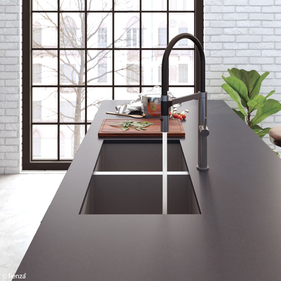 Fienza Hana 27L/27L Double Kitchen Sink, PVD Carbon Metal