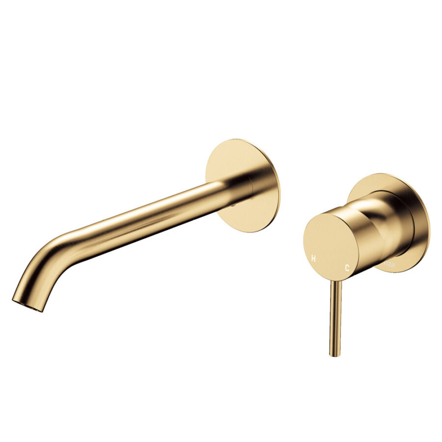 Fienza Kaya Basin/Bath Wall Mixer Set, Round Plates, 200mm Outlet, Urban Brass