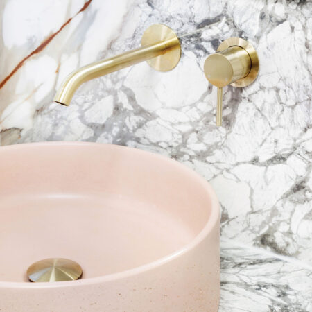 Fienza Kaya Basin/Bath Wall Mixer Set, Round Plates, 200mm Outlet, Urban Brass