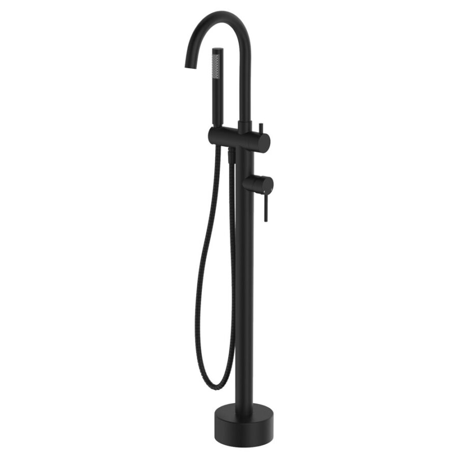 Fienza Kaya Floor Mounted Bath Mixer With Hand Shower, Matte Black