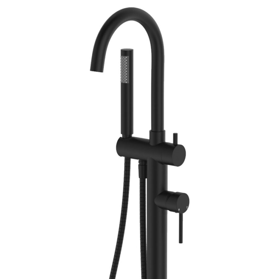 Fienza Kaya Floor Mounted Bath Mixer With Hand Shower, Matte Black