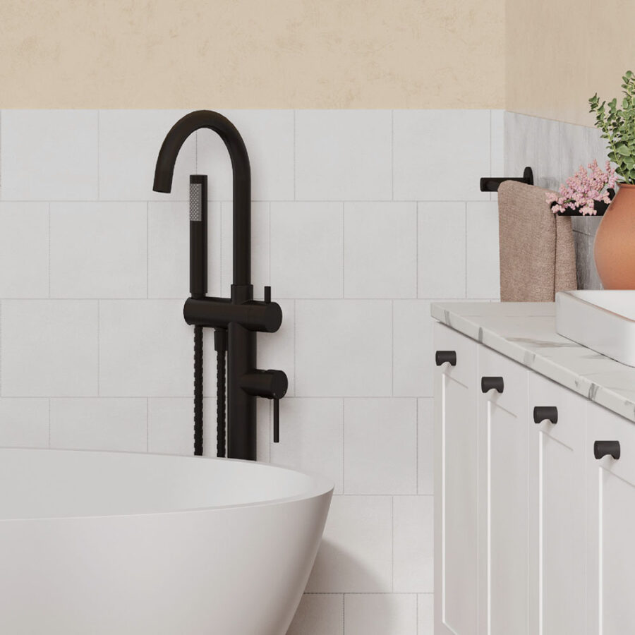 Fienza Kaya Floor Mounted Bath Mixer With Hand Shower, Matte Black