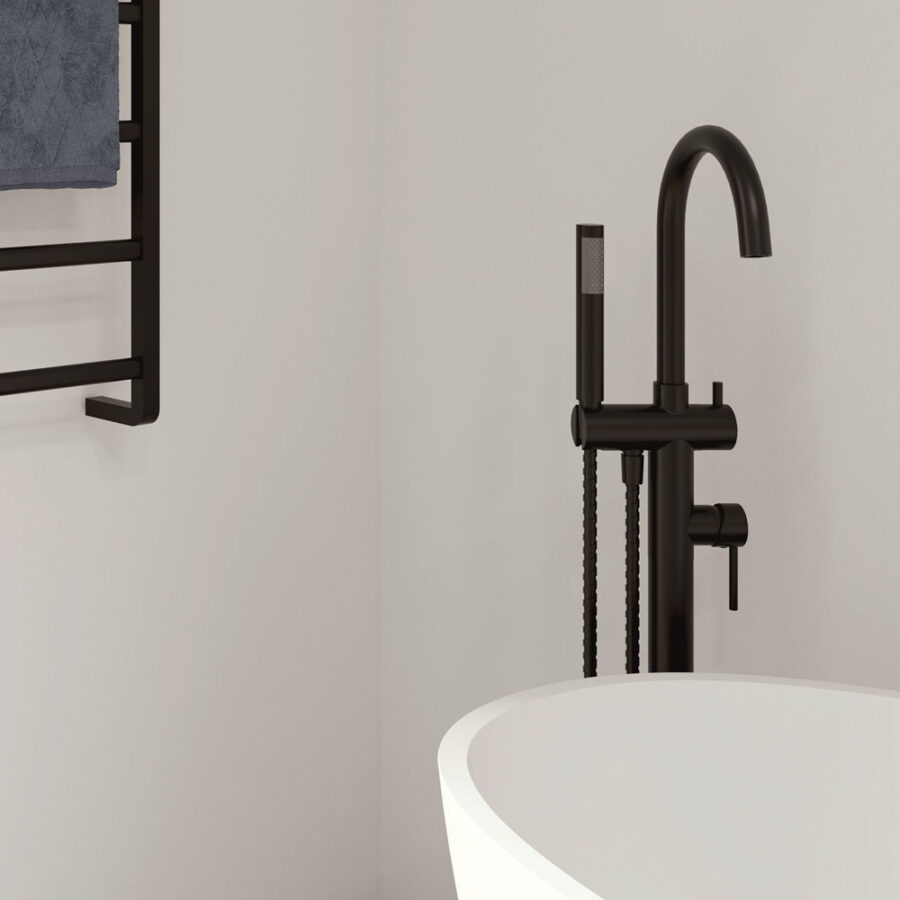 Fienza Kaya Floor Mounted Bath Mixer With Hand Shower, Matte Black