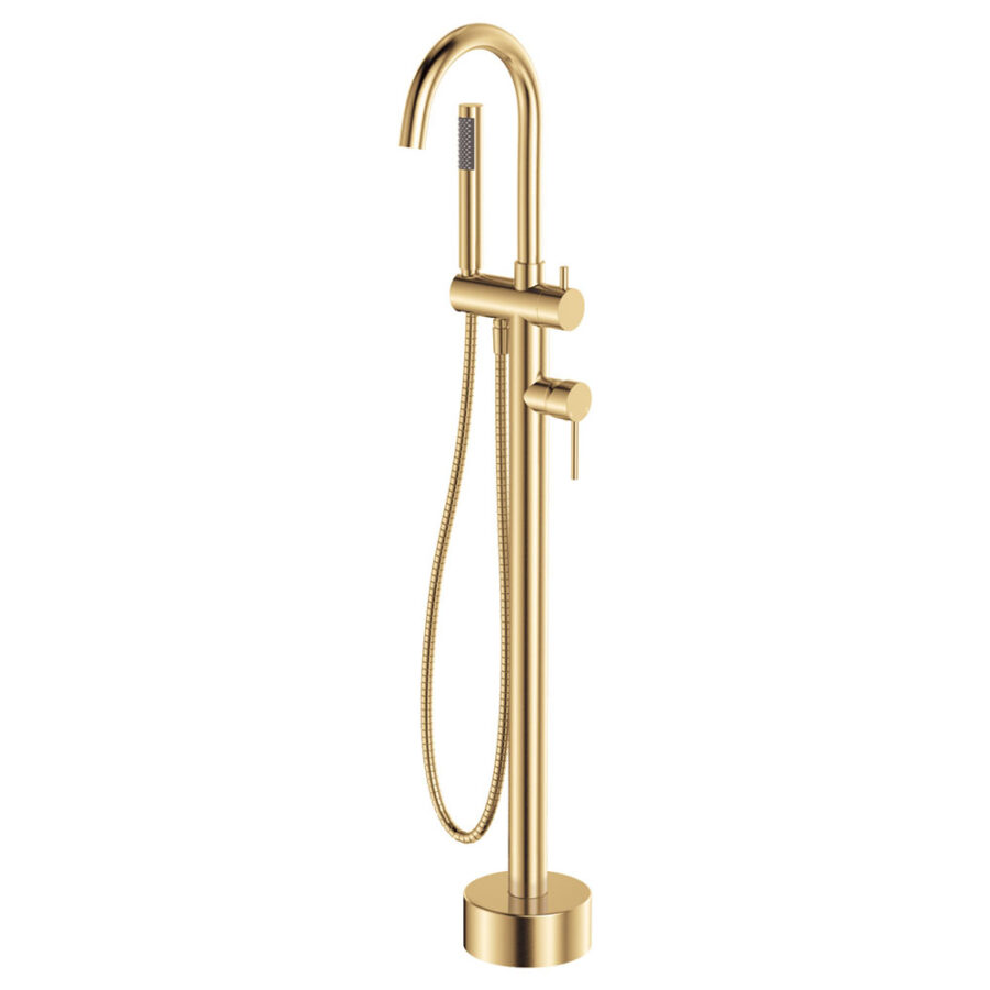 Fienza Kaya Floor Mounted Bath Mixer With Hand Shower, Urban Brass