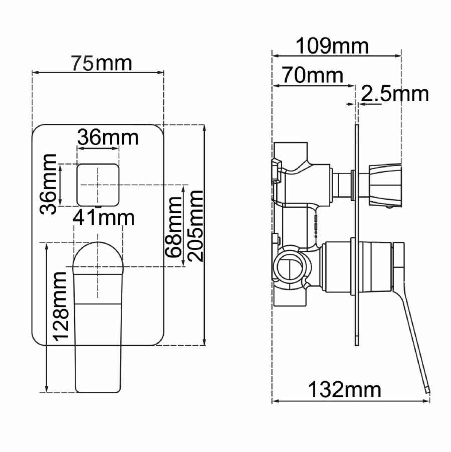 Rushy Square Black Wall Mixer With Diverter